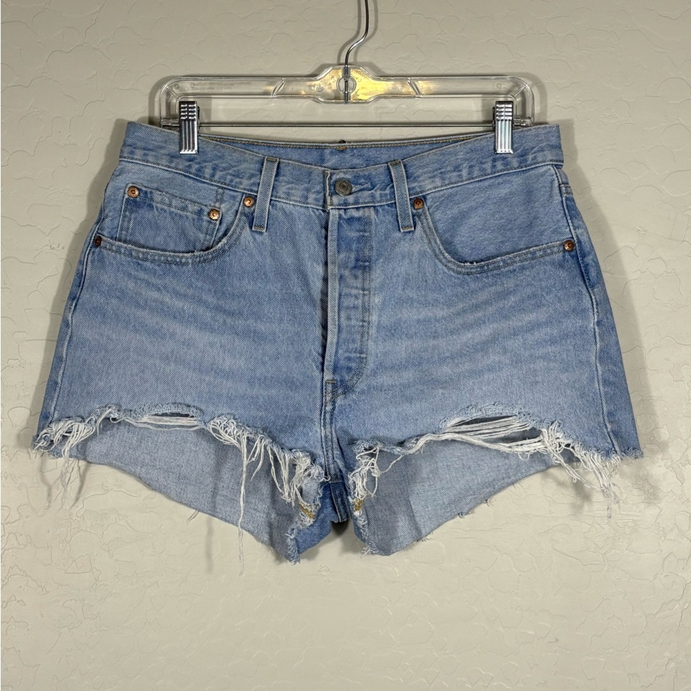 501 Levis high rise short denim button fly‎ short Large Western Boho destroyed